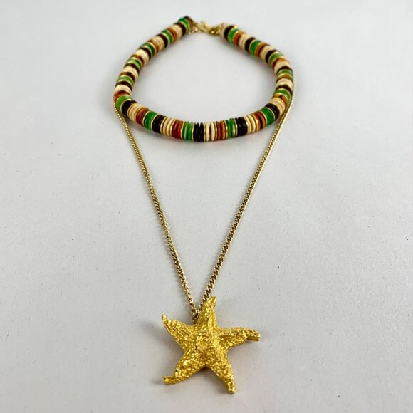 2 Set TRIFARI: Gold-Tone Starfish Pendant Necklace + Multicolor Beaded Choker - Picture 1 of 8